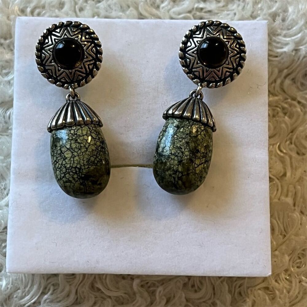 Carolyn Pollack Relios Sterling Silver Green Serpentine Dangle Earrings - Picture 2 of 7